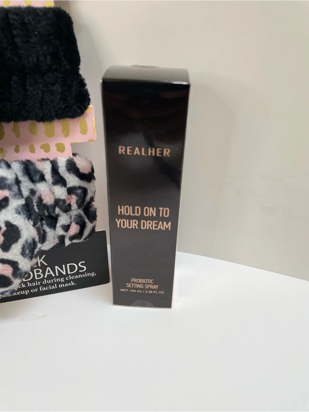 RACHEL Roy Black Bow & Pink Leopard Spa Headband Set-Makeup Brush Setting Spray